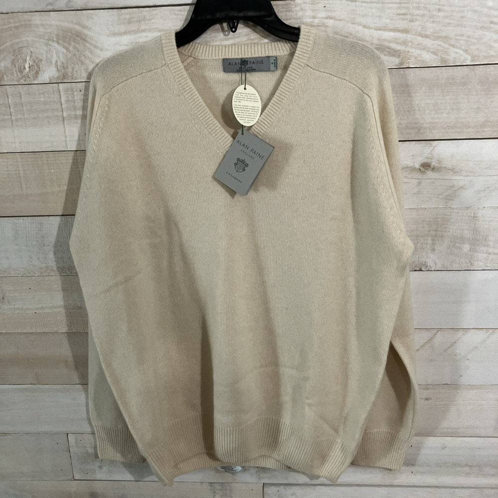 Alan Paine 100% Cashmere V-Neck Sweater Mens Size Medium Ivory Made In England